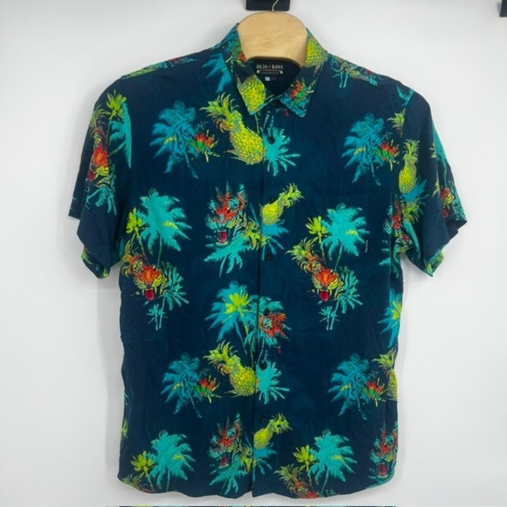 Baja Llama Mens XXL Short Sleeve Viscose Tropical Tiger Pineapple Hawaiian Shirt